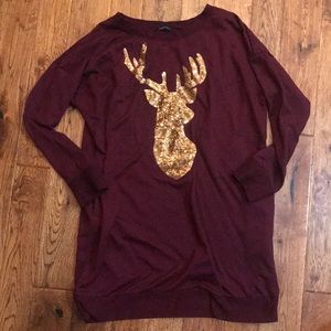 Burgundy Oversized Sweater/Dress w/ Sequined Deer